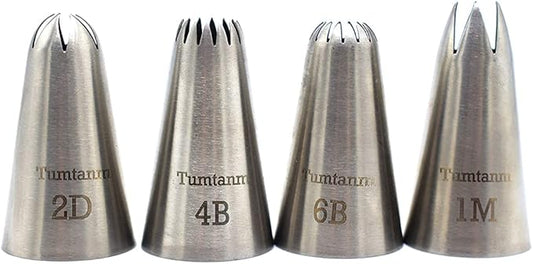 #1M #2D #4B #6B Large Piping Nozzles, 4 pcs Stainless Steel Seamless Icing Piping Tips Set for Cupcakes and Baking