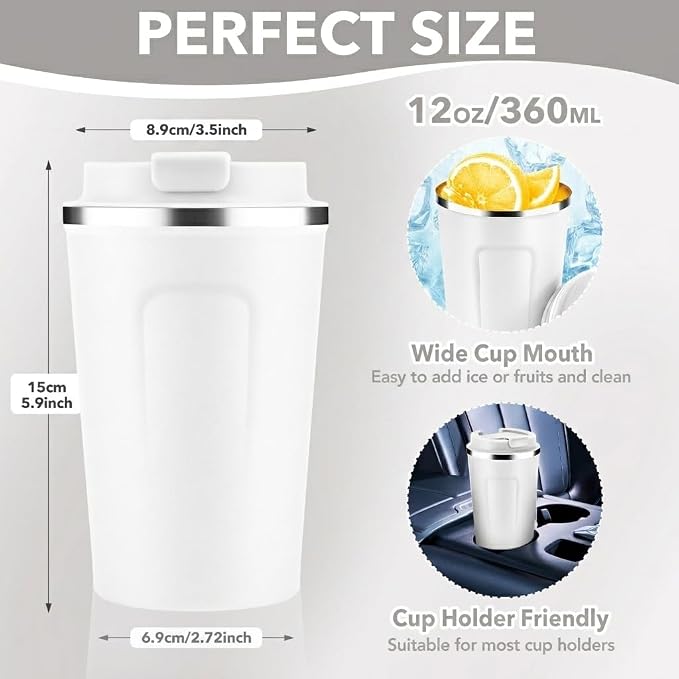 Volhoply 12 oz Double Wall Insulated Vacuum Travel Coffee Mug with Flip Lid,Reusable Stainless Steel Leak Proof Coffee Cup,Portable Iced Cafe Thermal Tumbler Suitable for Hot&Cold Drinks(White,1 Set) - Image 2