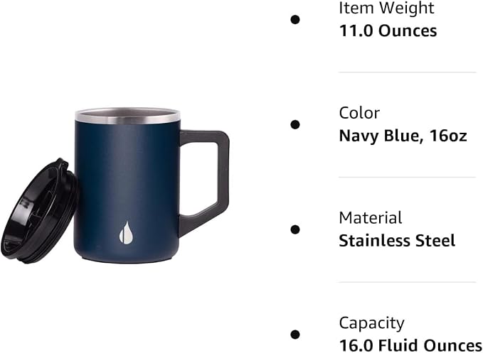 Elemental Insulated Coffee Mug - Triple-Wall Stainless Steel Summit Travel Cup for Hot and Cold Drinks - Thermal Coffee Mug with Lid and Handle for Camping, Office & Travel 16oz - Navy Blue - Image 8