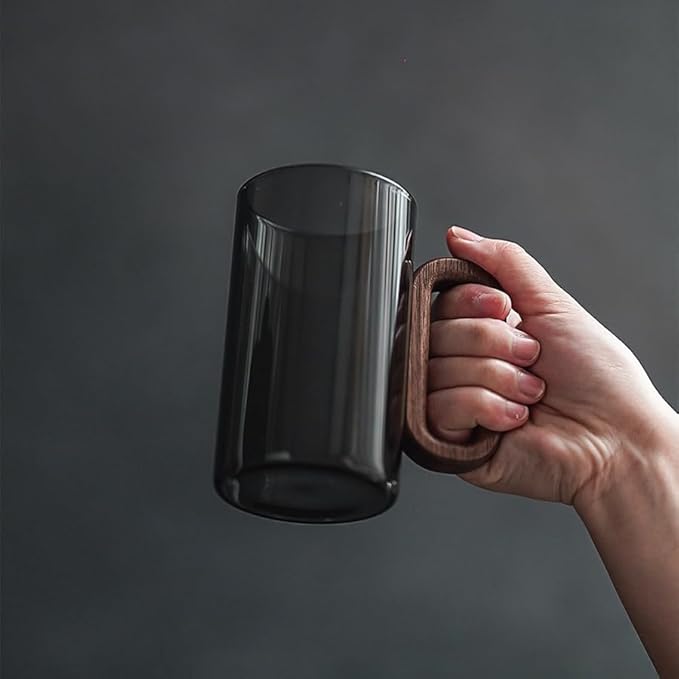 Borosilicate Glass Coffee Mug with Walnut Handle - 12oz Elegant Black Tumbler for Hot & Cold Drinks, Modern Office Tea Cup, Dishwasher Safe, 2.76" Diameter (360ml)