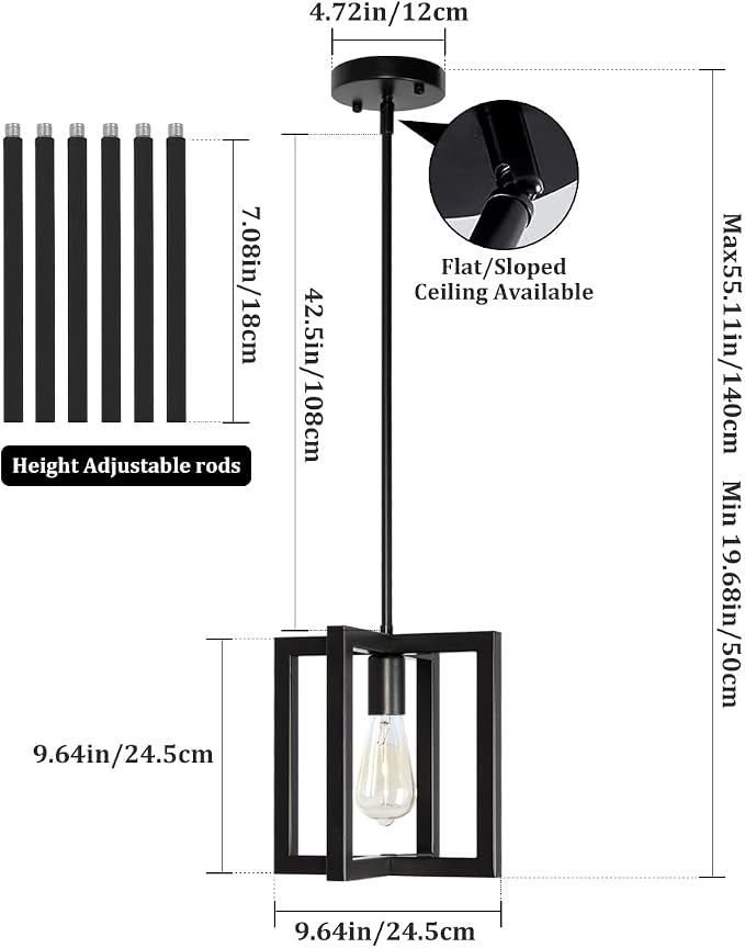 Modern Pendant Lighting for Kitchen Island 1-Light Farmhouse Black Light Fixtures Hanging Adjustable Small Square Chandeliers Ceiling for Dining Room Entryway Hallway - Image 5