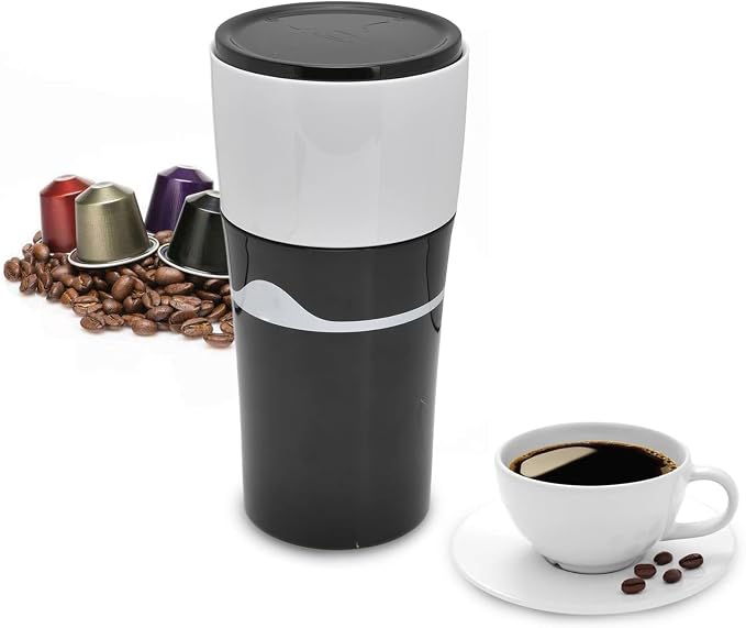 Semme Portable Drip Coffee Maker for Capsules 450ml Travel Coffee Machine with Proof Design Sharing Cup Lid Compact Easy to Use Gray White (Black White) - Image 9