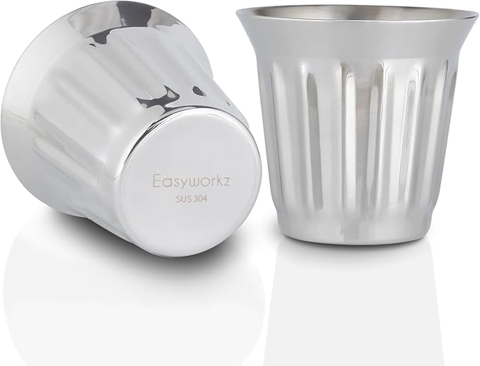 Easyworkz Stainless Steel Espresso Cup 2pcs Set Double Wall Insulated Metal Demitasse Cups (Chrome, 5 oz/Striped)