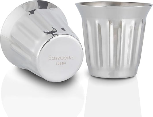 Easyworkz Stainless Steel Espresso Cup 2pcs Set Double Wall Insulated Metal Demitasse Cups (Chrome, 5 oz/Striped)