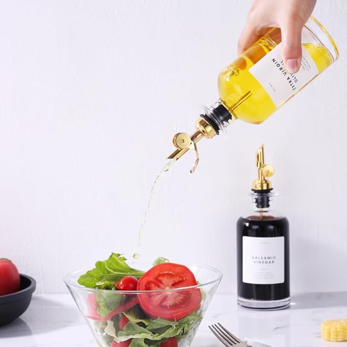 Molimoli Olive Oil Dispenser Bottle for Kitchen, Coffee Syrup Dispenser w. Weighted Pourer, Glass Bottle Dispenser for Kitchen with Ceramic Tray | Gold, 350ml, Set of 2 - Image 8
