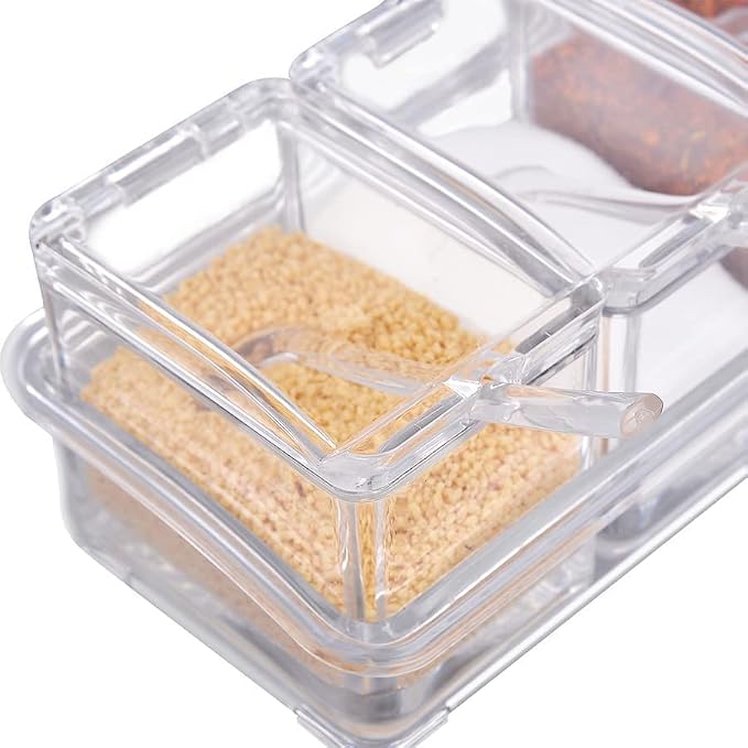 CLUQMEIK Clear Seasoning Box,4 Spice Jars Condiment Containers with Lids and 4Pcs Spoons 1Pcs Tray Seasoning Organizer for Salt, Sugar,Cardamon, Cinnamon,Cloves,Mustard,Nutmeg,Pepper and Tumeric - Image 2