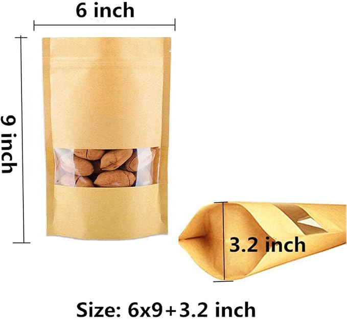 Kraft Heat Sealable Stand Up food Pouches Paper Mylar Bags With Clear Window And Zipper, Heavy Duty Decorative Resealable Recycled For DIY Homemade Chips Candy Cookies Christmas (50pcs 6x9+3.2 inch) - Image 2