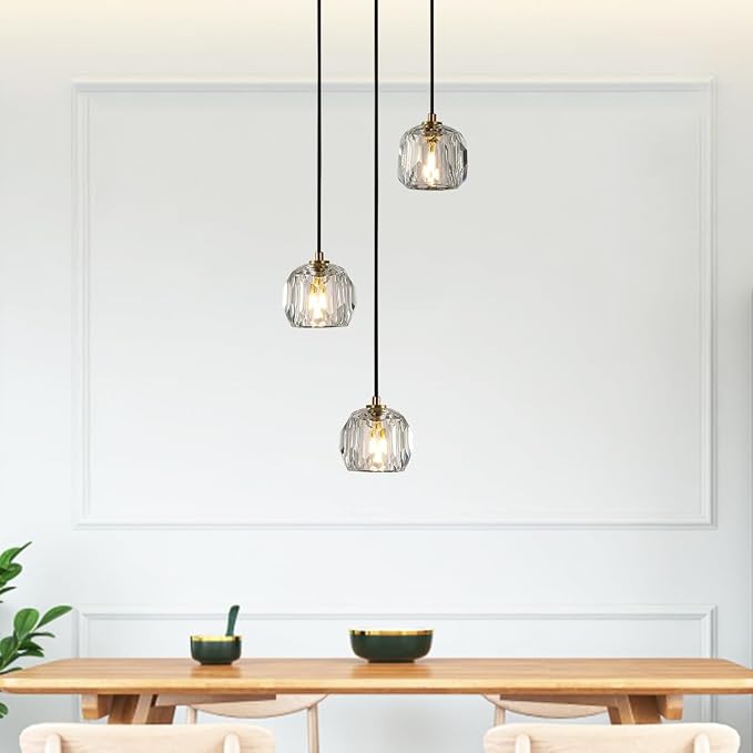 3 Light Pendant Light Fixtures, Crystal Pendant Lights Kitchen Island, Modern Hanging Lights Brushed Brass Cluster Pendant Lighting for Dining Room Bathroom - Image 3