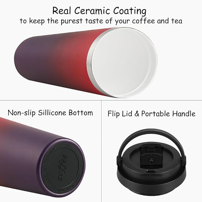 Funkrin Insulated Coffee Mug with Ceramic Coating, 16oz Iced Coffee Tumbler Cup with Flip Lid and Handle, Double Wall Vacuum Leak-Proof Travel Mug for Office School Party Camping - Image 2