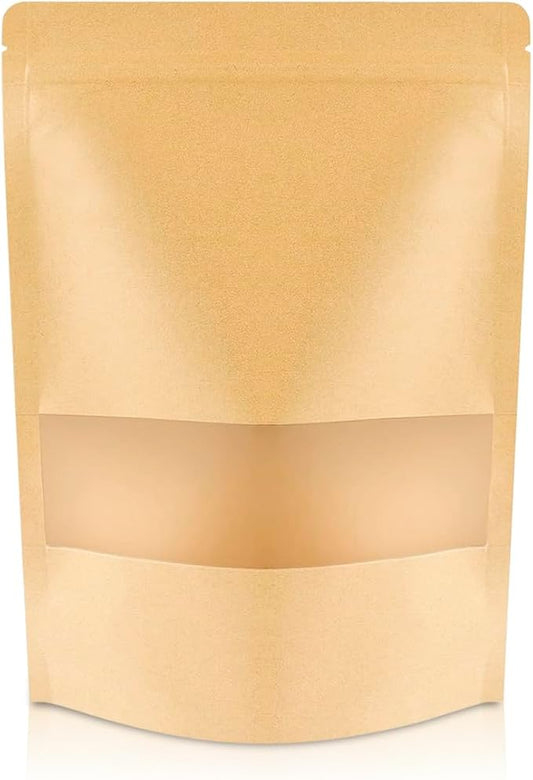 DiRose Kraft Stand Up Pouches with Window, Reclosable Food Storage Bags, Heat Sealable Stand Up Pouch for Coffee, Candy, Nuts, Tea, Spices – 4 oz (100 Pack) by DiRose