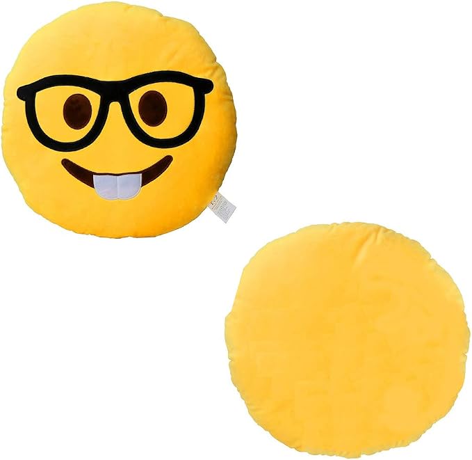 EvZ Official Certified Glasses Boy Emoji Pillow - 32cm Large Soft Plush Smiley Face Geek Emoticon Cushion - Cute Decorative Stuffed Toy for Students, School Gift, Home & Office Decor (Yellow) - Image 3