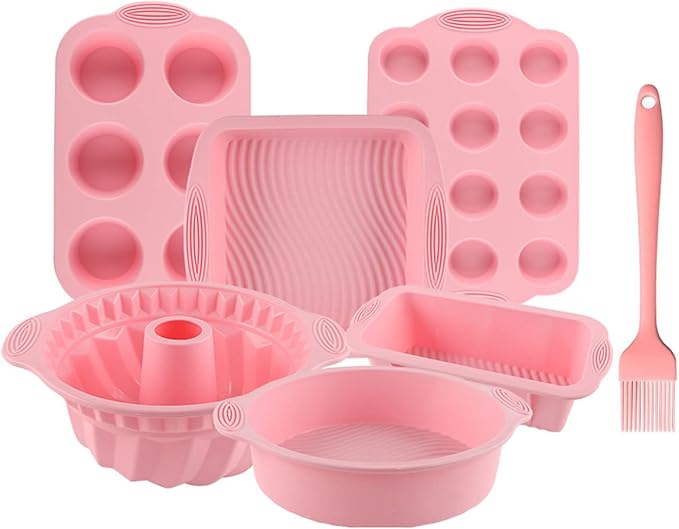 Nonstick Silicone Bakeware Set, 7pcs Baking Cake Pan, Economical BPA Free Heat Resistant Bakeware Suppliers Tools Kit with Silicone Brush for DIY Loaf Bread Cheesecake Pizza Cupcake Muffin