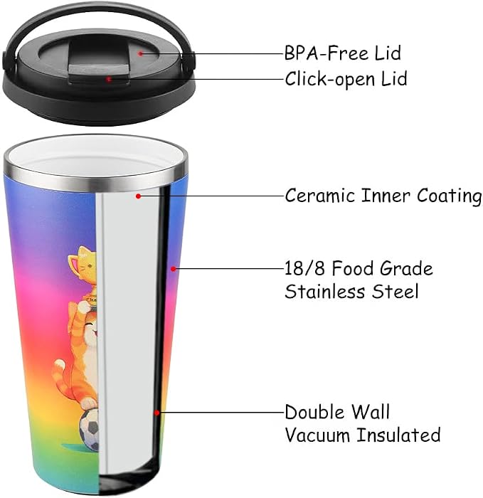 Funkrin Insulated Coffee Mug with Ceramic Coating, 16oz Iced Coffee Tumbler Cup with Flip Lid and Handle, Double Wall Vacuum Leak-Proof Travel Mug for Office School Party Camping - Image 3
