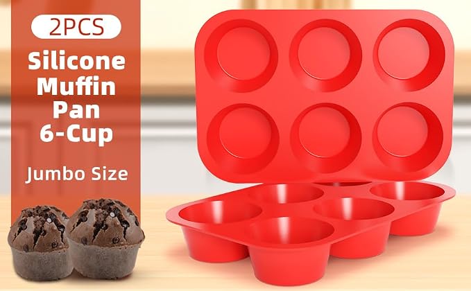 CAKETIME Silicone Jumbo Muffin Pan, 3.5 Inch Silicone Texas Muffin Pan 6 Cup Large Cupcake Pan Nonstick BPA Free Silicone Molds 2 Pack Red - Image 4