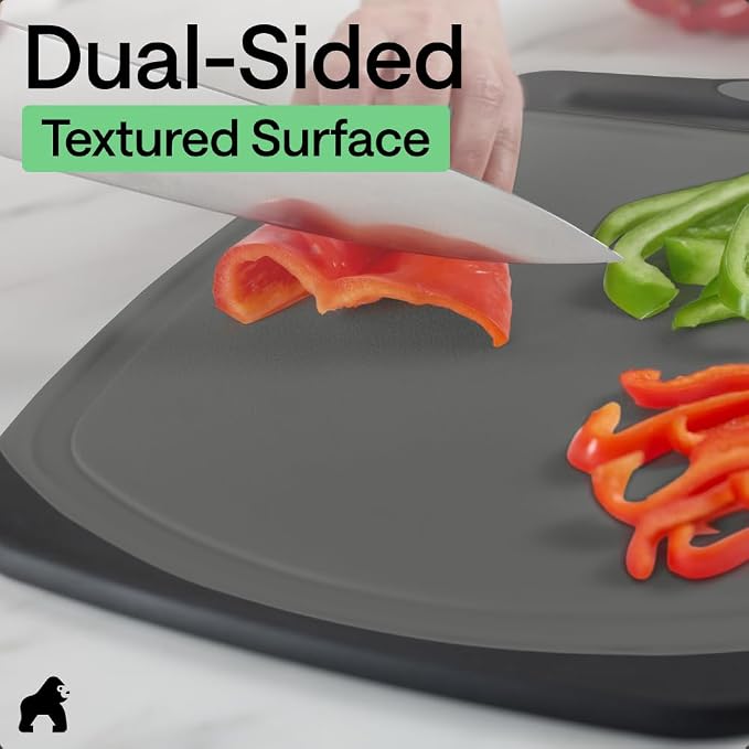 GORILLA GRIP BPA-Free Reversible Kitchen Cutting Board Set of 3, US Designed, Nonporous, Juice Grooves Catch Liquid, Slip Resistant Border, Dishwasher Safe, Durable Food Chopping Boards, Gray Black - Image 6
