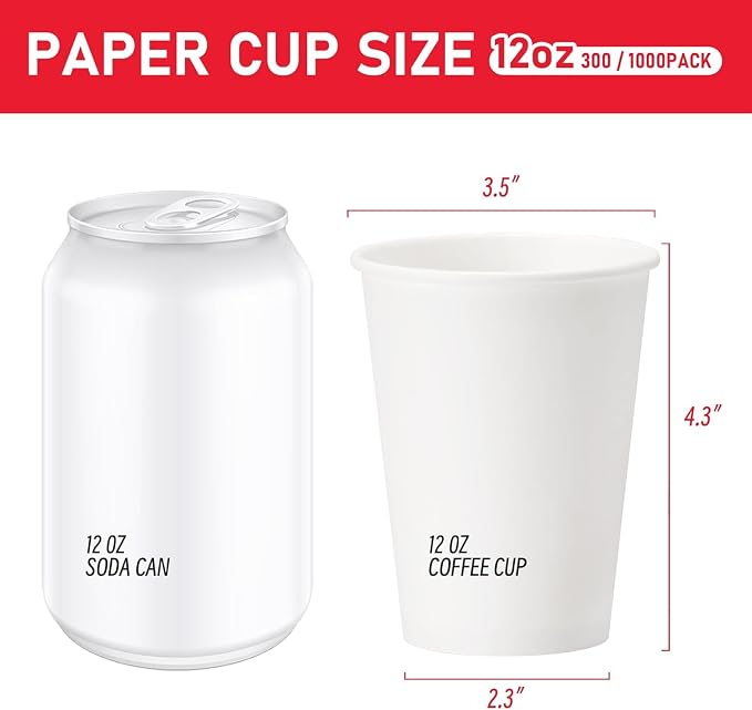 12 oz 300 Pack Paper Coffee Cups, Hot Paper Cups, Thickened Leak-Free White Disposable Coffee Cups for Hot and Cold Drinks - Image 2