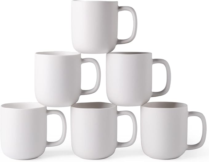 AmorArc 14oz Coffee Mugs Set of 6, Ceramic Coffee Mugs with Large Handle & Wavy Rim for Latte/Hot Cocoa/Tea, Stylish Coffee Cups for Men Women. Oven,Dishwasher&Microwave Safe, Matte White by AmorArc