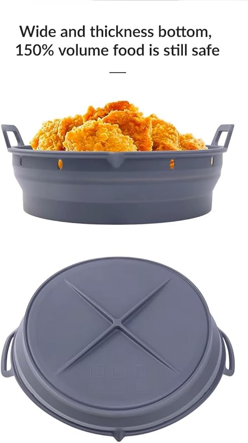 Reusable Silicone Air Fryer Liner –2pcs (Round+Square), Collapsible, Oil-Draining Design, Food-Grade, Non-Stick, Heat Resistant, Dishwasher Safe – Fits 5–8 QT Baskets (grey)