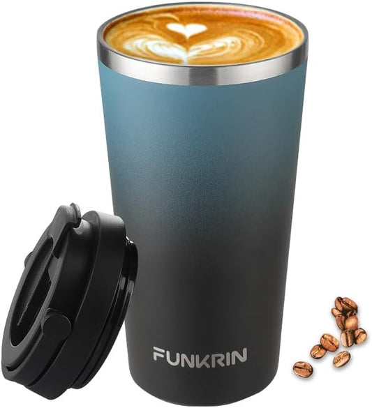 Funkrin Insulated Coffee Mug with Ceramic Coating, 16oz Iced Coffee Tumbler Cup with Flip Lid and Handle, Double Wall Vacuum Leak-Proof Travel Mug for Office School Party Camping by Funkrin