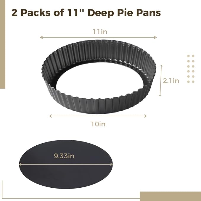 2 Packs Deep Pie Tins 11 in, Carbon Steel Fluted Round Tart Quiche Pie Pans with Removable Bottom, Non-stick Baking Dish Accessories for Pies, Tarts, Cakes, Pizzas - Image 5