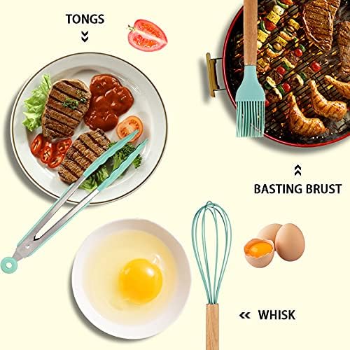 MIBOTE Silicone Cooking Kitchen Utensils Set, Wooden Handle, Teal | BPA-Free, Non-Toxic Silicone Turner, Tongs, Spatula, Spoon Set – Great for Nonstick Cookware, Heat-Resistant, Easy Clean - Image 7