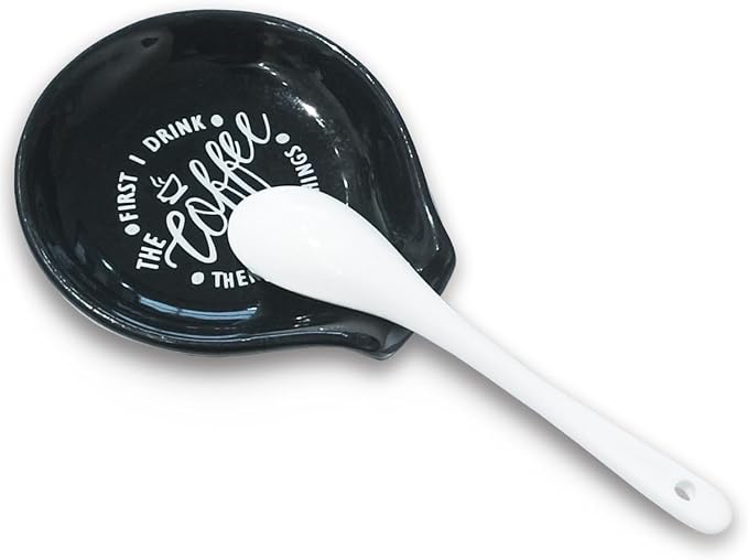 Littlefa Black Coffee Spoon Rest Holder-Coffee Bar Accessories | Funny Ceramic Coffee Spoon Rest for Coffee Bar Accessories Essentials, Coffee Lovers Gifts, But First I Drink Sign - Image 4