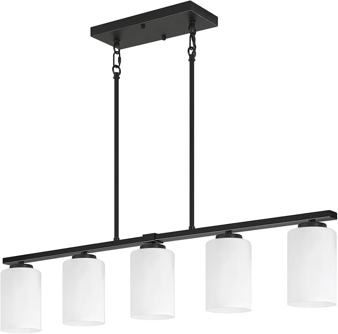 Modern Kitchen Island Lighting, Dining Room Light Fixtures Over Table | 37'' Black Island Lights for Kitchen, 5-Light Farmhouse Linear Chandeliers White Frosted Glass Shade, Adjustable Height - Image 7