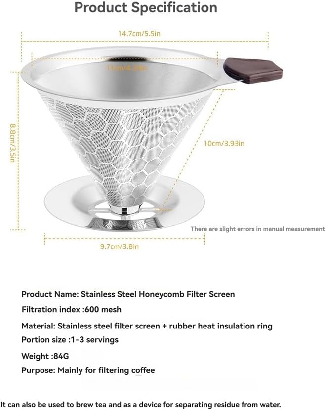 Pour Over Coffee Filter Dripper Reusable Stainless Steel Drip Coffee Maker Cone Coffee Mesh Filters for 1-4 Cup