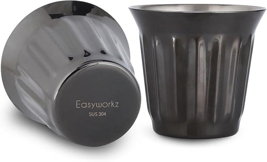 Easyworkz Stainless Steel Double-Wall Espresso Cups 5 oz Set of 2, Vertical Stripe Design, Gunmetal