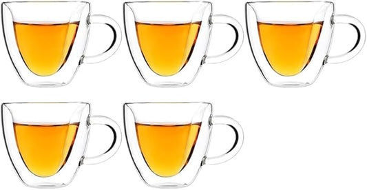 Heart-Shaped Double Wall Coffee Mugs, Set of 5 Insulated Glass Cups, 8.5 oz - Ideal for Coffee and Tea (5oz,5pcs)