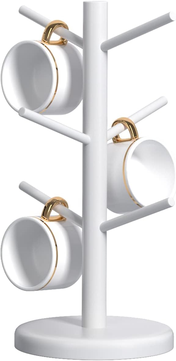 Dorhors Mug Holder Tree,Coffee Cup Holder,Mug Rack Stand Hook,Bar Organizer | White Wood Coffee Station Accessories 6 Hook,Coffee Shelf Decor for Kitchen Countertop,Counter Storage Display Mug,Cup by Dorhors