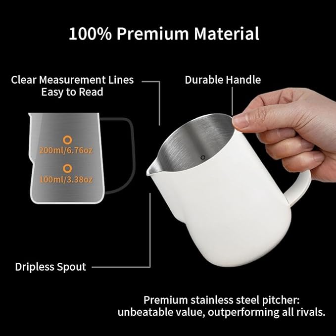 watchget Milk Frothing Pitcher 250ml/8oz Stainless Steel Espresso Steaming Pitcher Milk Coffee Cappuccino Latte Art Barista Steam Pitcher Milk Frothing Jug, White
