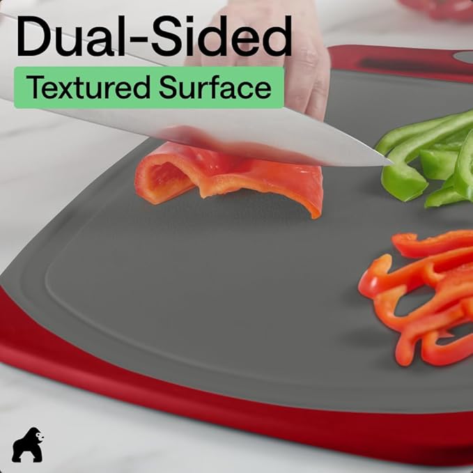 GORILLA GRIP BPA-Free Reversible Kitchen Cutting Board Set of 3, US Designed, Nonporous, Juice Grooves Catch Liquid, Slip Resistant Border, Dishwasher Safe, Durable Large Food Chopping Boards,Gray Red - Image 6