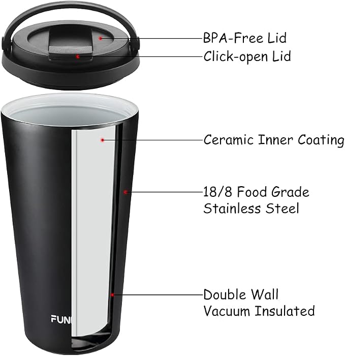 Funkrin Insulated Coffee Mug with Ceramic Coating, 16oz Iced Coffee Tumbler Cup with Flip Lid and Handle, Double Wall Vacuum Leak-Proof Travel Mug for Office School Party Camping - Image 5