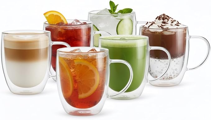 Double Wall Glass Coffee Mugs with Handle, Clear, 12 Ounces Tea Cups, Wedding Gifts, Heat Resistant, Set of 6