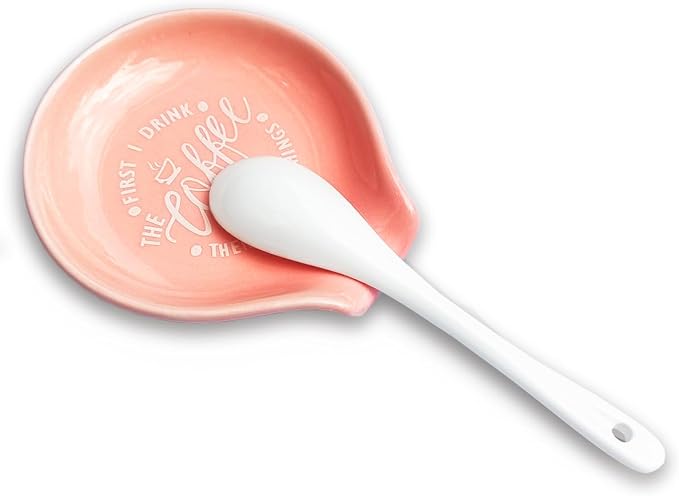Funny Coffee Quote First I Drink The Coffee Then I Do The Things Ceramic Spoon Holder- Orange Pink Coffee Spoon Rest -Cafe Station Bar Accessories - Image 4