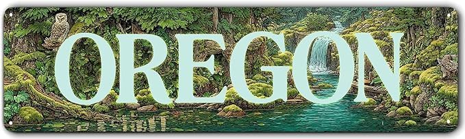 OREGON Metal Sign、Pacific Northwest Nature Wall Art Vintage Style Forest Landscape with Creek & Pond Aluminum Decor for Cabin, Home Bar, or Living Room by Unknown