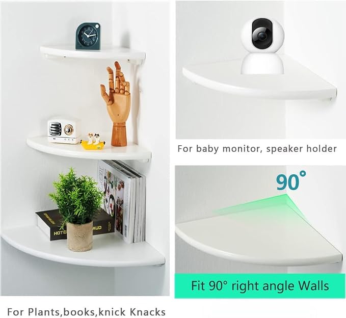 White Corner Shelf, Wall Mount Natural Oak Wood Floating Corner Wall Shelf Round End Small Corner Nightstand Plant Shelf for Bedroom, Kitchen, Living Room 10inch - Image 3