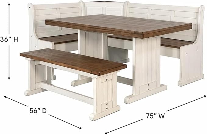 Pemberly Row Dining Set Wood, Rectangular in Off White (36" H x 75" W x 56" D) for Kitchen, Dining Room with Table, Reversable Benches, and Storage Space - Image 6