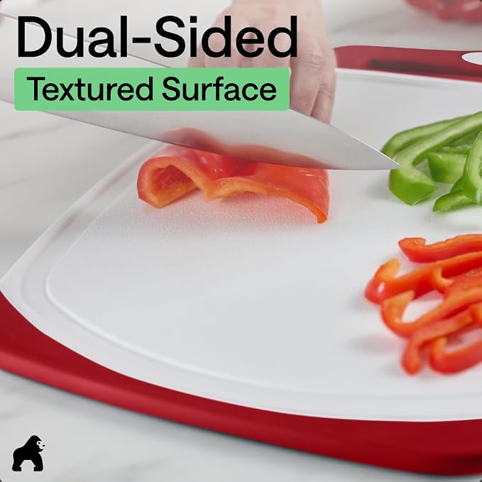 GORILLA GRIP BPA-Free Reversible Kitchen Cutting Board Set of 3, US Designed, Nonporous, Juice Grooves Catch Liquid, Slip Resistant Border, Dishwasher Safe, Durable Large Food Chopping Boards, Red - Image 6