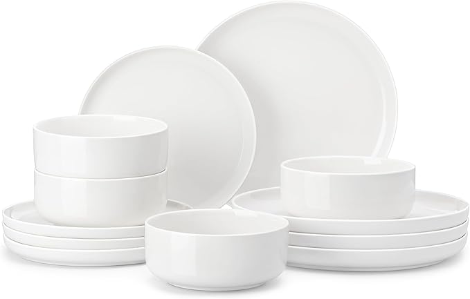 MALACASA Plates and Bowls Sets, 12 Pieces Porcelain Dinnerware Sets Dishware Sets Chip Resistant Ceramic Dish Set Dining Dinner Ware Service for 4, White, Series LUNA by MALACASA
