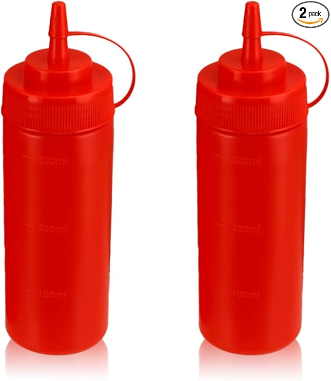 Squeeze Bottles for Sauces,Leak-Proof Condiment Dispenser, BPA-Free Kitchen Restaurant Squeeze Bottle Set with Wide Mouth for Ketchup, Mustard,Syrup,Dressings (Red, 2Pack-12oz(300ml))