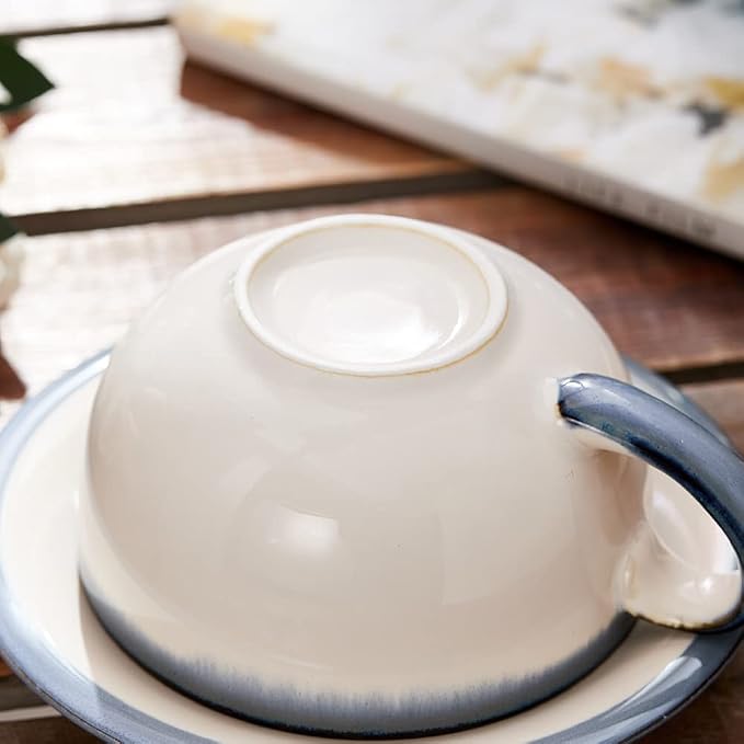 Coffeezone Vintage Design 12 oz Ceramic Latte Art Cappuccino Barista Cup with Saucer (Beige) - Image 7
