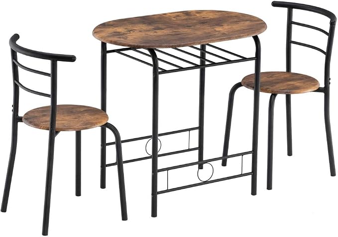 VINGLI 3 Piece Dining Set, Small Kitchen Table Set for 2, Breakfast Table Set, Kitchen Wooden Table with 2 Chairs for Small Space/Dining Room/Apartment, Metal Frame, Wine Rack, Burnt Brown by VINGLI