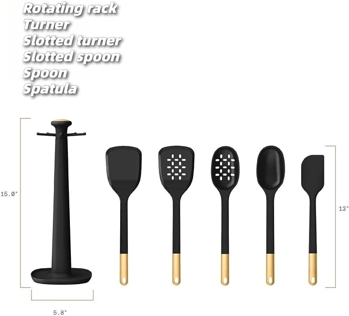 Kitchen Utensil Set, 6-Piece Silicone Kitchen Utensil Set with Rotating Rack - Non-Scratch, Heat Resistant Tools & Gold Stainless Steel Handles (Black) - Image 2