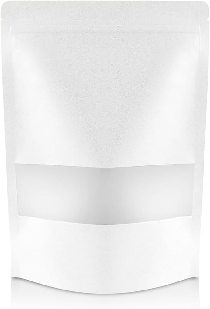 DiRose White Kraft Stand Up Pouches with Window, Reclosable Food Storage Bags, Heat Sealable Stand Up Pouch for Coffee, Candy, Nuts, Tea, Spices – 4 oz (100 Pack) by DiRose
