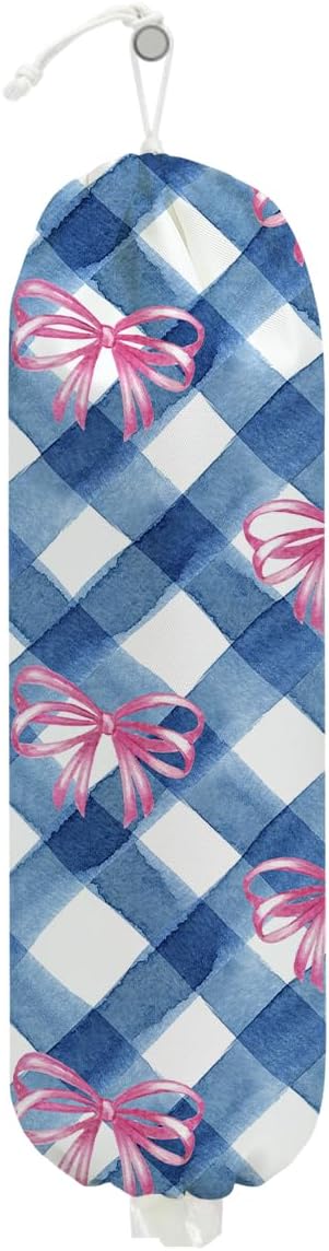 Pink Bow Plastic Bag Holder for Kitchen Essentials, Wall Mount Grocery Bag | Holder for Plastic Bags, Blue White Plaid Reusable Shopping Bags Storage Dispenser for Home Kitchen Pantry, 22.5x9 Inch by Unknown
