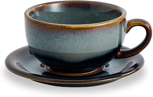 Coffeezone Vintage Design 12 oz Ceramic Latte Art Cappuccino Barista Cup with Saucer (Fog Grey) by Coffeezone