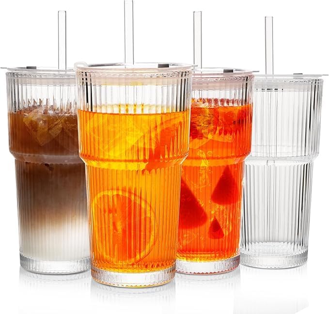 20oz Glass Tumblers with Lids and Glass Straws, Thickened for Iced Coffee, Smoothies,Cocktails and Juices-Elegant Durable for Home, Office,Travel (Clear)