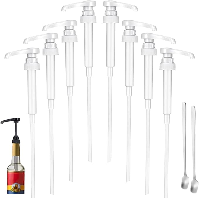 8 Packs White Coffee Syrup Pump Dispenser, Compatible with 25.4 Oz/750ml Bottles, Great for Home & Coffee Bar Drinking Mixes, Tea, Beverage, Cocktails, Plus Spoons(5.23")